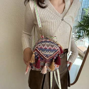 Сумка-ранец в этническом стиле, мода 2023, новая женская плетеная сумка-ведро с цепочкой, холщовая сумка через плечо с кисточками, подарок для пары