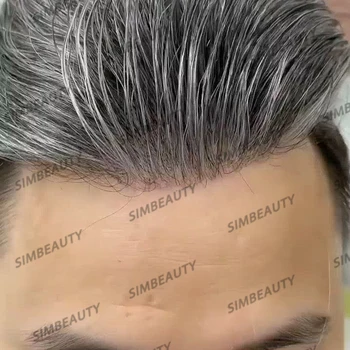 Супер Прочная Основа NPU Bond Серый Шиньон-Протез для Мужчины 100% Человеческие Волосы Мужской Парик Натуральная Линия Роста Волос 1B65 Цвет для Старика 0