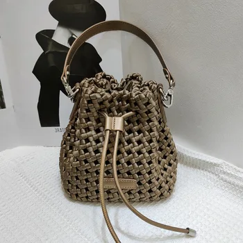 Тканая сумка-мешок, женская модная сумка, тканая сумка через плечо из натуральной кожи, роскошная сумка на двух плечевых ремнях