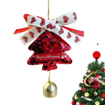 Украшения для Рождественской елки с колокольчиками, орнамент из блесток в форме дерева, Рождественский колокольчик и бант, украшения для комнаты на окне, Рождественская елка