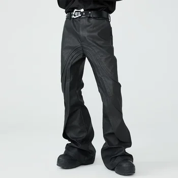 Уличная одежда с широкими штанинами из искусственной кожи черного цвета, мешковатые повседневные джинсы-клеш, прямые повседневные брюки-карго оверсайз