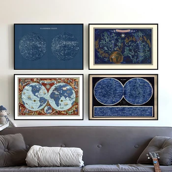 Французский плакат с картой мира в двух полушариях, печать карты Небесной Планисферы, Астрономическая Карта астрологического Зодиака на холсте