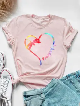Футболка с графическим принтом Love Heart Dragonfly, милая повседневная одежда 90-х, летний женский топ с коротким рукавом, модная футболка, женская футболка 0