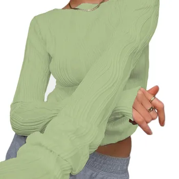 Футболка, тонкие футболки в корейском стиле, новинка весны 2024 года, приталенная Зеленая блузка с длинным рукавом и круглым вырезом, блузка, однотонные модные топы