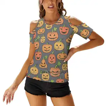 Хэллоуин Джек-О-Фонарь, страшная тыква, оранжевый на сером, женская футболка, сексуальные футболки со шнуровкой сзади, выдалбливают пуловер, топ