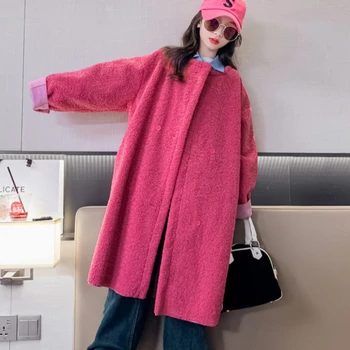 Шерстяное пальто для девочек, куртка Windbreak 2023, Розовая теплая Плюс утепленная зимняя хлопчатобумажная верхняя одежда для подростков, детская одежда