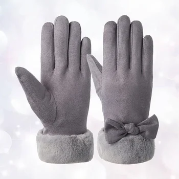 1 пара прекрасных женских теплых перчаток, теплые замшевые перчатки с бантом, стильные зимние перчатки, варежки с сенсорным экраном, многоцелевые теплые перчатки 1