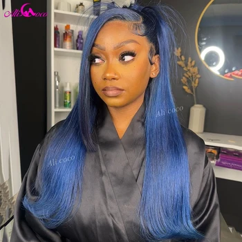 Alicoco Синие прямые парики из человеческих волос на кружеве 13Х4 для чернокожих женщин, прозрачный парик с кружевной застежкой 5х5, бразильские волосы 1