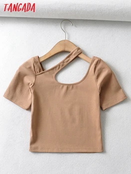 Tangada женская укороченная футболка в стиле ретро с вырезом и коротким рукавом 2023, летняя шикарная женская тонкая рубашка, топы 2U27 1