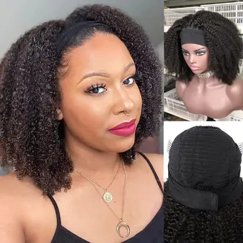 Афро Кудрявая Кудрявая Повязка На Голову Парик Из Человеческих Волос 180% Плотности Бразильских Человеческих Волос Бесклеевая Бесплатная Повязка На Голову Для Женщин Afro Curl Remy Hair 1