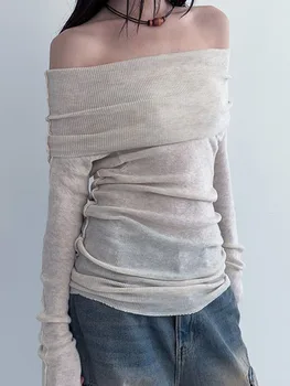 Женские свитера с открытыми плечами, топы-пуловеры с длинными рукавами, сексуальные трикотажные футболки с коротким рукавом, блузки в рубчик 1