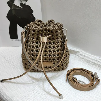 Тканая сумка-мешок, женская модная сумка, тканая сумка через плечо из натуральной кожи, роскошная сумка на двух плечевых ремнях 1