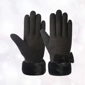 1 пара прекрасных женских теплых перчаток, теплые замшевые перчатки с бантом, стильные зимние перчатки, варежки с сенсорным экраном, многоцелевые теплые перчатки 2