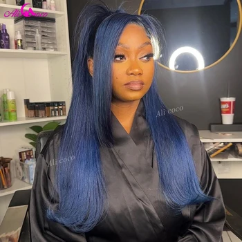 Alicoco Синие прямые парики из человеческих волос на кружеве 13Х4 для чернокожих женщин, прозрачный парик с кружевной застежкой 5х5, бразильские волосы 2