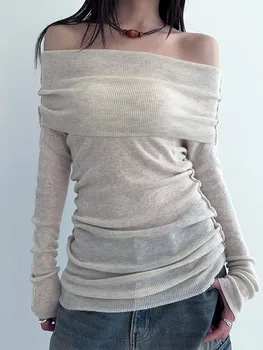 Женские свитера с открытыми плечами, топы-пуловеры с длинными рукавами, сексуальные трикотажные футболки с коротким рукавом, блузки в рубчик 2