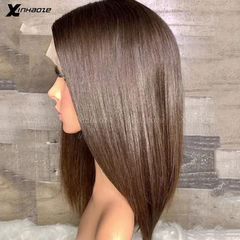 Прямой короткий парик Боб Темно-коричневый 5x5 Парики из человеческих волос на шелковой основе, Бразильский парик на шелковой основе с закрытием для женщин, 180% Натуральные волосы Remy 2