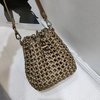 Тканая сумка-мешок, женская модная сумка, тканая сумка через плечо из натуральной кожи, роскошная сумка на двух плечевых ремнях 2