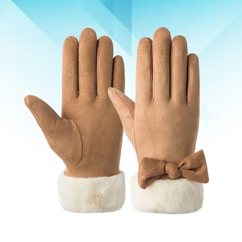 1 пара прекрасных женских теплых перчаток, теплые замшевые перчатки с бантом, стильные зимние перчатки, варежки с сенсорным экраном, многоцелевые теплые перчатки 3