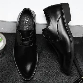 Деловая Мужская обувь Черная Кожаная Мужская обувь Люксовый бренд Мужские Свадебные Модельные туфли Большого Размера Со шнуровкой Официальная обувь Man 3