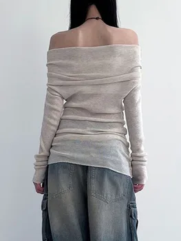 Женские свитера с открытыми плечами, топы-пуловеры с длинными рукавами, сексуальные трикотажные футболки с коротким рукавом, блузки в рубчик 3