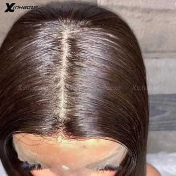 Прямой короткий парик Боб Темно-коричневый 5x5 Парики из человеческих волос на шелковой основе, Бразильский парик на шелковой основе с закрытием для женщин, 180% Натуральные волосы Remy 3