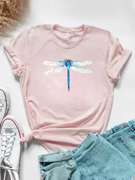 Футболка с графическим принтом Love Heart Dragonfly, милая повседневная одежда 90-х, летний женский топ с коротким рукавом, модная футболка, женская футболка 4
