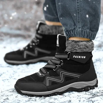Черные мужские кроссовки для походов на открытом воздухе, нескользящие модные новые плюшевые теплые зимние ботинки на платформе для пар 36-48 4