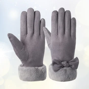 1 пара прекрасных женских теплых перчаток, теплые замшевые перчатки с бантом, стильные зимние перчатки, варежки с сенсорным экраном, многоцелевые теплые перчатки 5