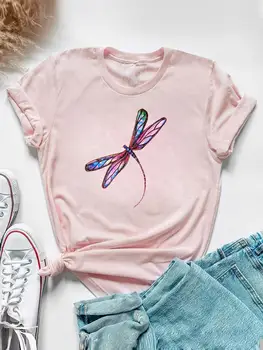 Футболка с графическим принтом Love Heart Dragonfly, милая повседневная одежда 90-х, летний женский топ с коротким рукавом, модная футболка, женская футболка 5